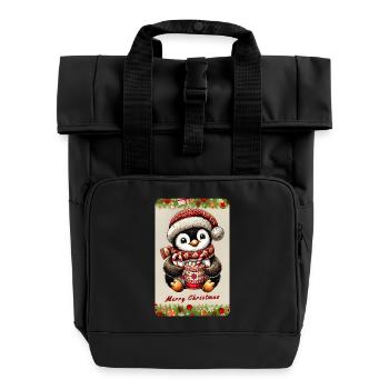 Christmas Penguin with Hot Chocolate - Roll Top Backpack with Two Handles - black - Front