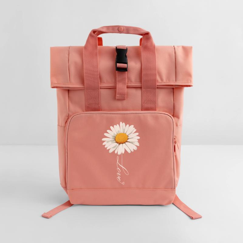 Gänseblümchenblume mit Liebe Skript Rolltop Rucksack mit zwei Griffen
