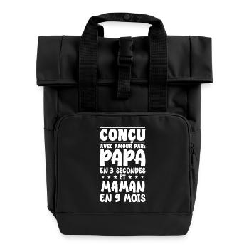 Mit Liebe von Mama und Papa in 9 Monaten entworfen - Rolltop Rucksack mit zwei Griffen - Schwarz - Vorne