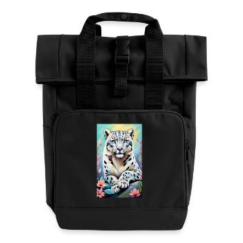 Schneeleopard | Leopard | Raubtier - Rolltop Rucksack mit zwei Griffen - Schwarz - Vorne
