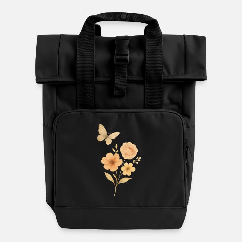 Pastel flowers with butterfly - Roll Top Backpack with Two Handles - black