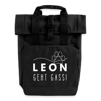 Leon geht Gassi Namensshirt Hundepfote Hundeleine - Rolltop Rucksack mit zwei Griffen - Schwarz - Vorne