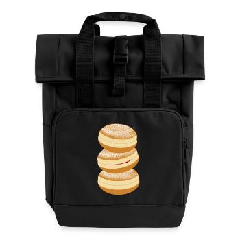 Three carnival donuts with powdered sugar & jam - Roll Top Backpack with Two Handles - black - Front