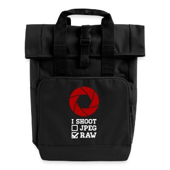I Shoot Fotografie – Kamera Design für Fotografen - Rolltop Rucksack mit zwei Griffen - Schwarz - Vorne