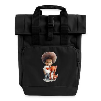 Children with wolf and heart motif - Roll Top Backpack with Two Handles - black - Front