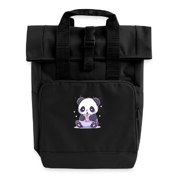 Kawaii Panda trinkt Boba Bubble Tea Chibi - Rolltop Rucksack mit zwei Griffen - Schwarz - Vorne