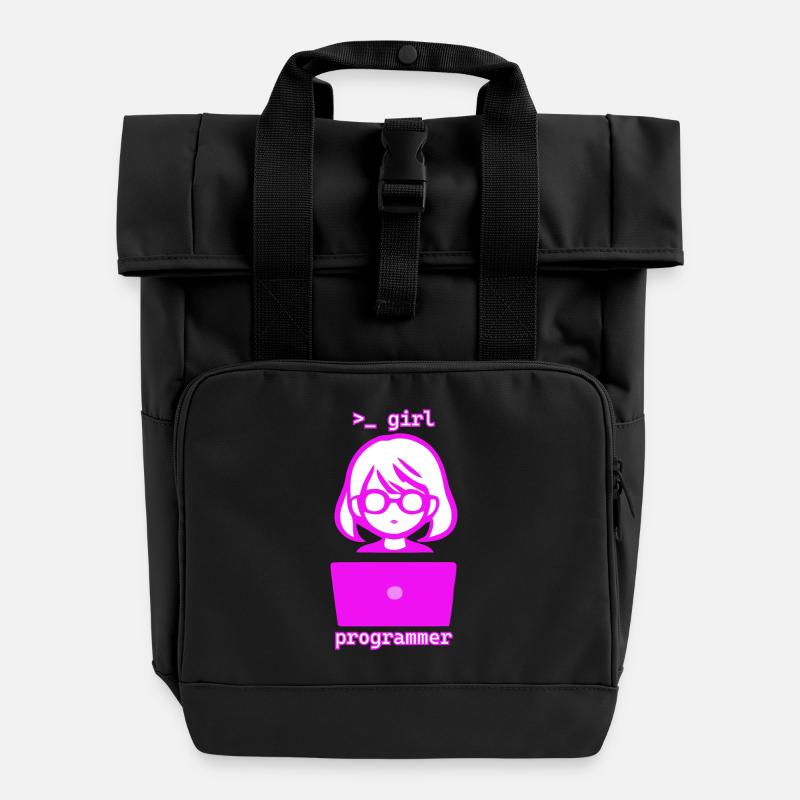 Woman with computer girl programmer - Roll Top Backpack with Two Handles - black