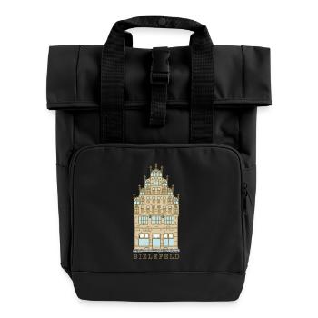 Bielefeld, landmark Crüwellhaus, market - Roll Top Backpack with Two Handles - black - Front