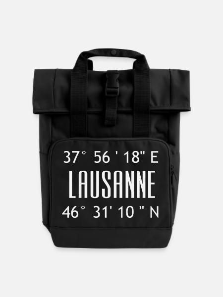 Lausanne Koordinaten Typo Grafik - Rolltop Rucksack mit zwei Griffen - Schwarz