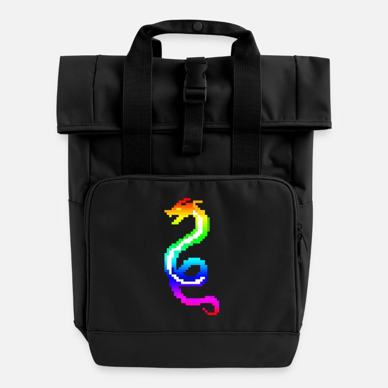 colorful retro dragon - Roll Top Backpack with Two Handles - black