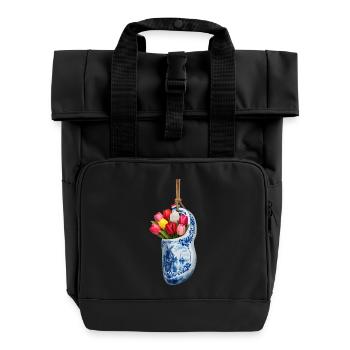 Tulpen in blauem Delfter Verschluss - Rolltop Rucksack mit zwei Griffen - Schwarz - Vorne