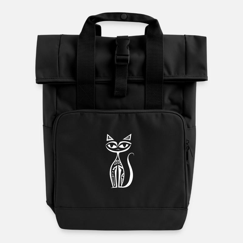 Abstract Cat | T Shirt - Roll Top Backpack with Two Handles - black