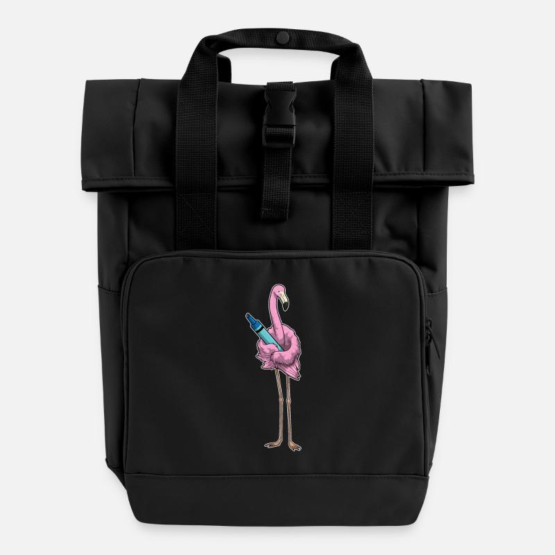 Flamingo Schüler Wachsmalstift Schule - Rolltop Rucksack mit zwei Griffen - Schwarz