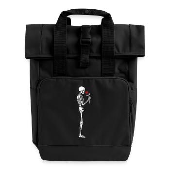 Funny Skeleton with red rose flower - Roll Top Backpack with Two Handles - black - Front