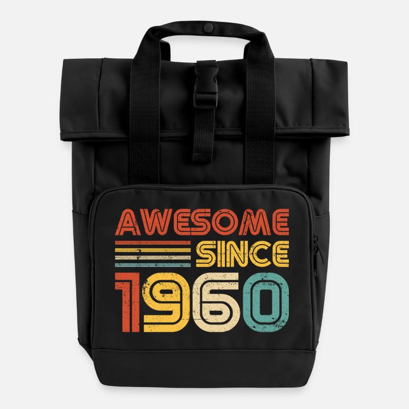 Awesome Since 1960" – Vintage Retro Birthday - Roll Top Backpack with Two Handles - black