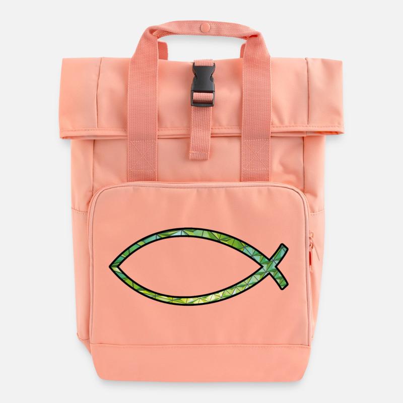 Ichtus fish (diamond, green) - Roll Top Backpack with Two Handles - chintz rose
