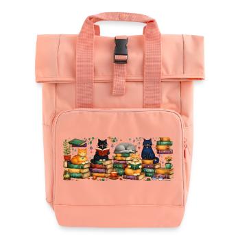 Reading cats with stacks of books - Roll Top Backpack with Two Handles - chintz rose - Front