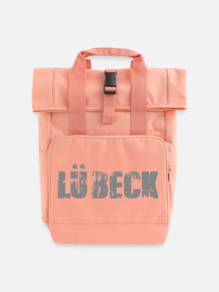 Lübeck Distressed Wortmarke - Rolltop Rucksack mit zwei Griffen - Chintzrosa