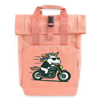 Fast Biker Unicorn Riding Motorcycle Mascot Art - Roll Top Backpack with Two Handles - chintz rose - Front