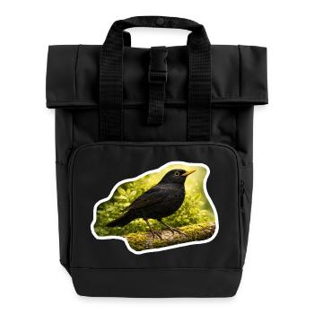 Amsel auf moosbedecktem Ast - Naturfoto-Look - Rolltop Rucksack mit zwei Griffen - Schwarz - Vorne