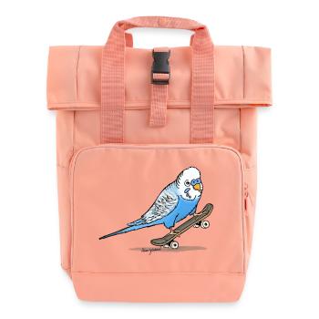 Blauer Wellensittich auf Fingerboard - Rolltop Rucksack mit zwei Griffen - Chintzrosa - Vorne