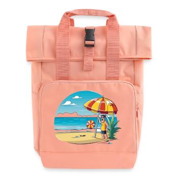 Beach vacation cartoon with umbrella - Roll Top Backpack with Two Handles - chintz rose - Front