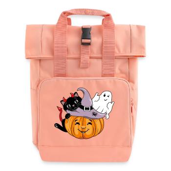 Smiling pumpkin with black cat and winking ghost - Roll Top Backpack with Two Handles - chintz rose - Front