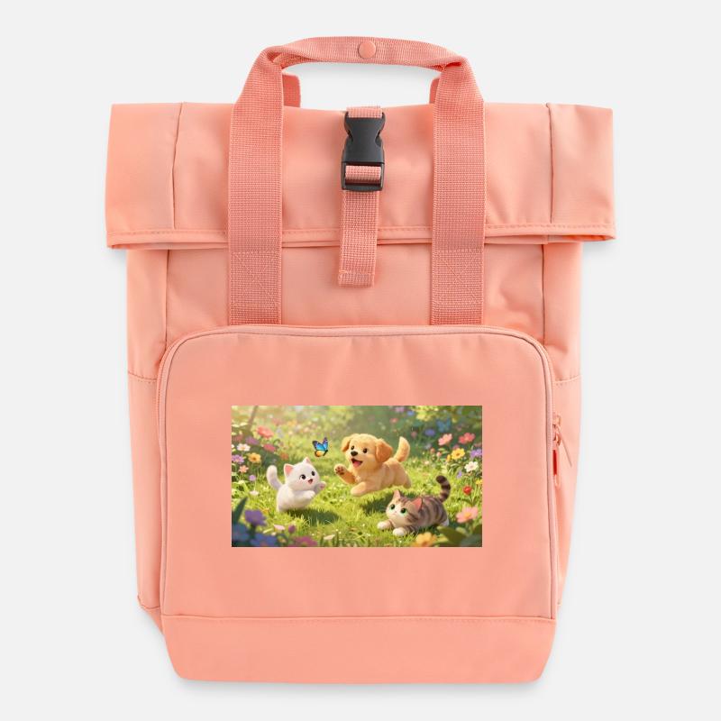 Cute dog and kitten romping in the flower field - Roll Top Backpack with Two Handles - chintz rose