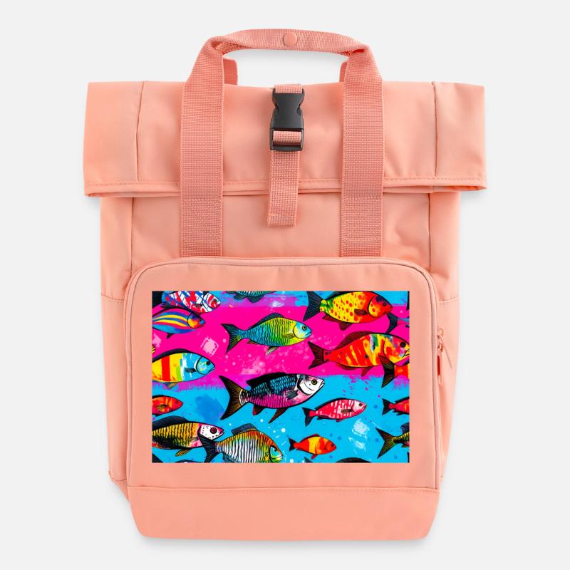 Colorful Fish on Bright Backgrounds - Roll Top Backpack with Two Handles - chintz rose