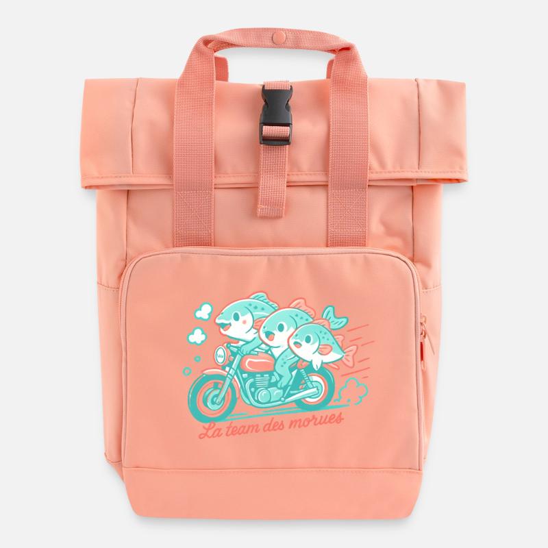 Turquoise cod on a motorcycle - Roll Top Backpack with Two Handles - chintz rose