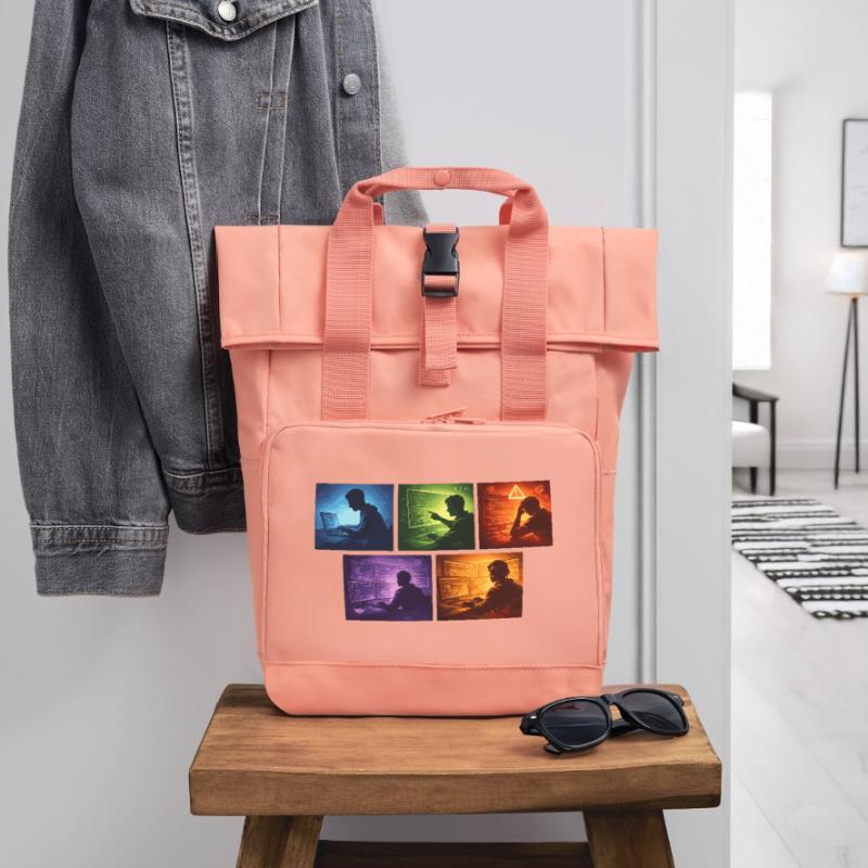 Multi-Screen Code Shadow Roll Top Backpack with Two Handles