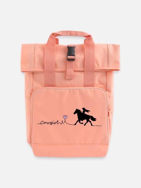 Pferd Reiterin Kontur mit Herz und Schrift - Rolltop Rucksack mit zwei Griffen - Chintzrosa