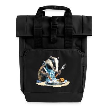 Dachs am Tisch mit Schnecke - Rolltop Rucksack mit zwei Griffen - Schwarz - Vorne