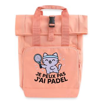 Laughing Padel Cat with Blue Headband - Roll Top Backpack with Two Handles - chintz rose - Front