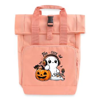 cooler Geist mit Kopfhörern und Halloween Kürbis - Rolltop Rucksack mit zwei Griffen - Chintzrosa - Vorne