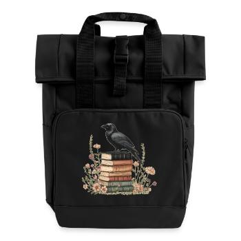 Raven on stack of books - Roll Top Backpack with Two Handles - black - Front