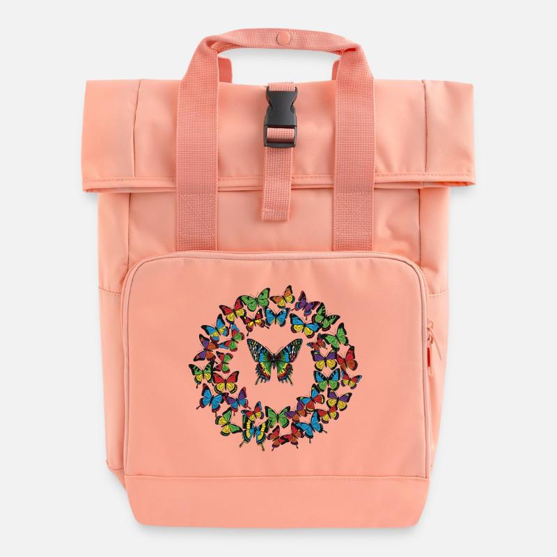 Rainbow Butterfly Circle - Roll Top Backpack with Two Handles - chintz rose