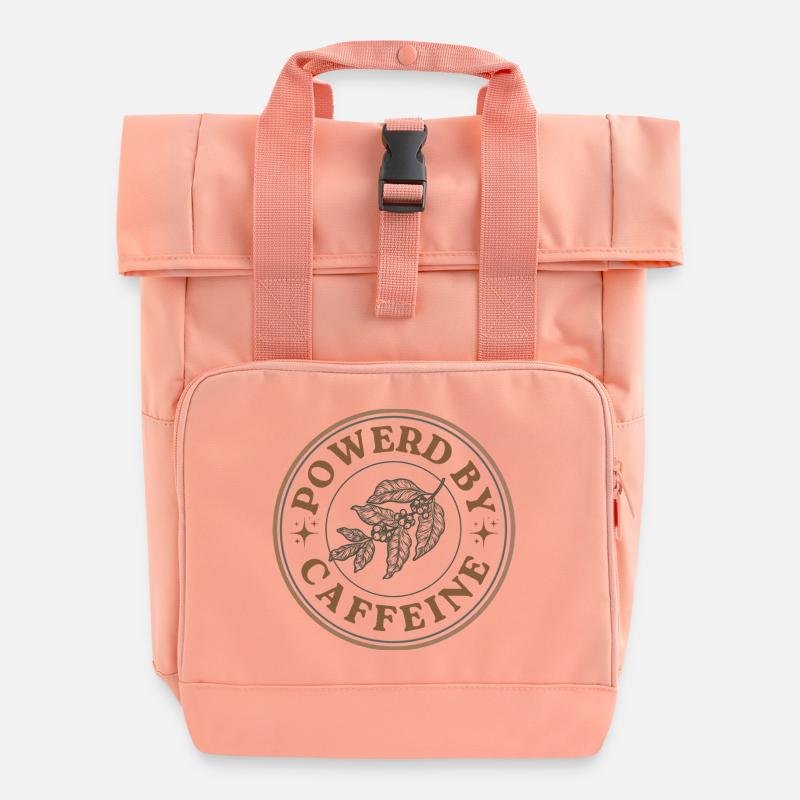 Powered by Caffeine Vintage Coffee Badge Design - Roll Top Backpack with Two Handles - chintz rose