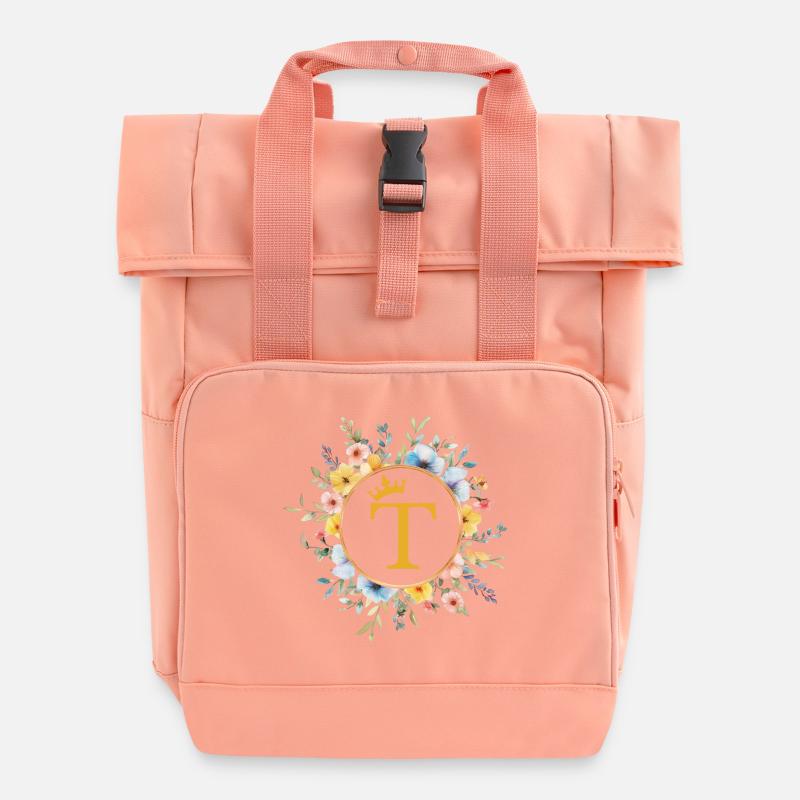T Monogram, Flower Circle, Personalizable - Roll Top Backpack with Two Handles - chintz rose