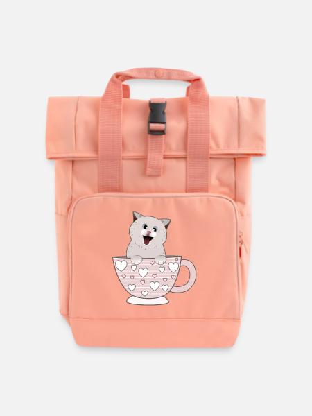 süße Katzentasse - Rolltop Rucksack mit zwei Griffen - Chintzrosa