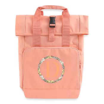 D Monogram, Flower Wreath, Personalizable - Roll Top Backpack with Two Handles - chintz rose - Front