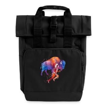 Native American runner buffalo watercolor aura - Roll Top Backpack with Two Handles - black - Front