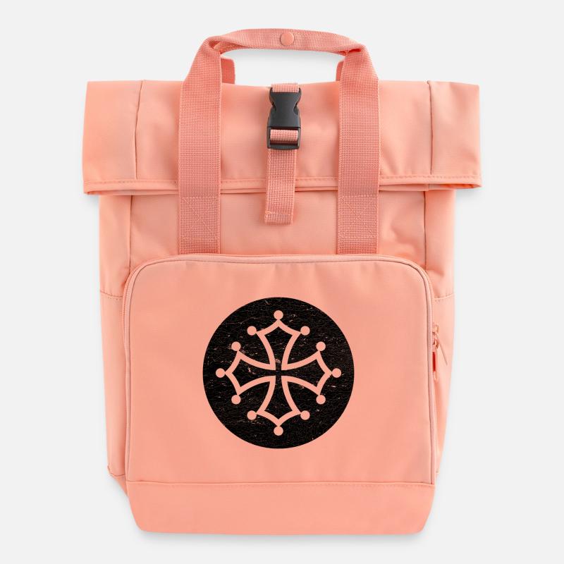 Cathar cross in black circle - Occitan symbol - Roll Top Backpack with Two Handles - chintz rose