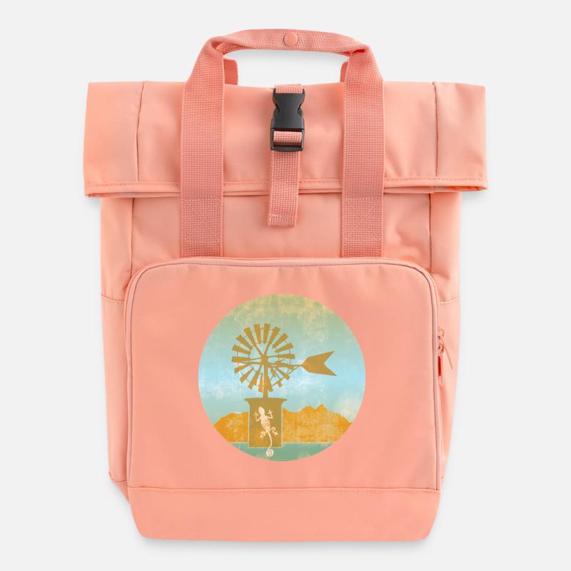 Windmill with Gecko Illustration Mallorca - Roll Top Backpack with Two Handles - chintz rose