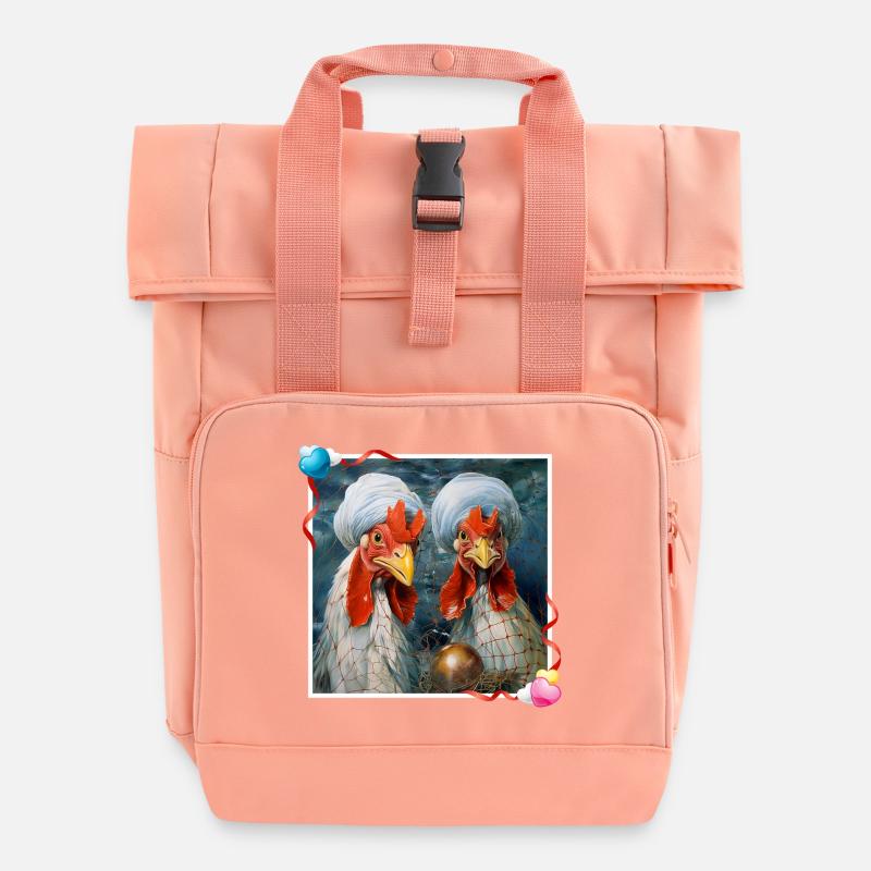 Creative Surreal Rooster Decors with Turban Network - Roll Top Backpack with Two Handles - chintz rose