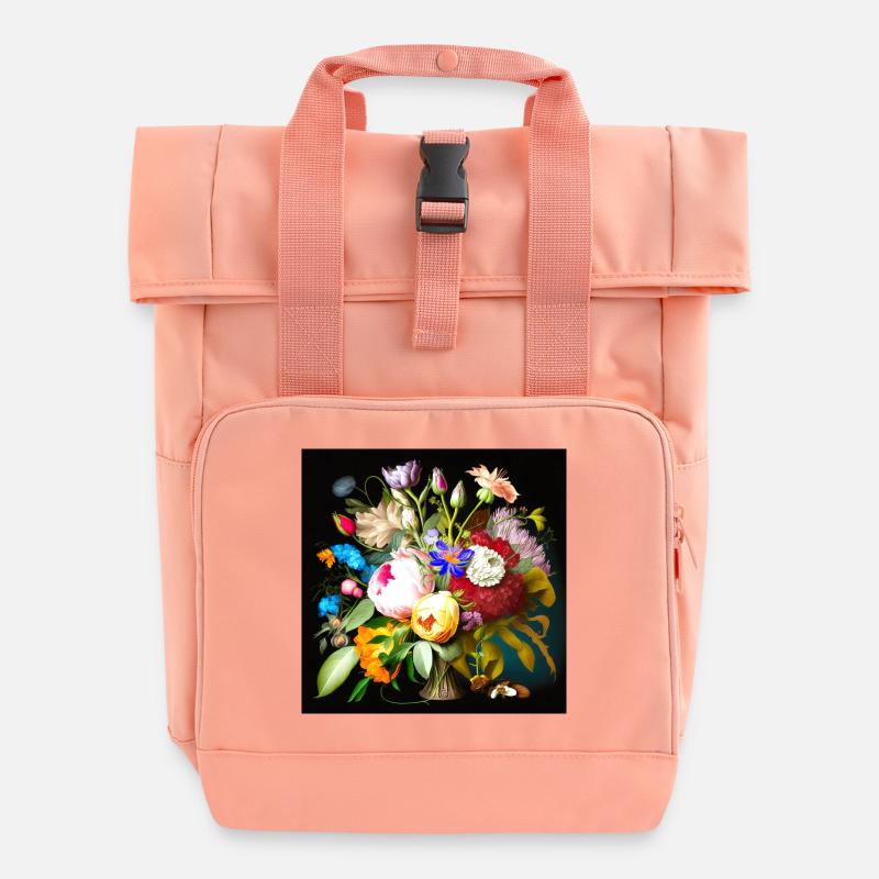 Farbenfroher Blumenstrauß auf Schwarz flämisch  - Rolltop Rucksack mit zwei Griffen - Chintzrosa