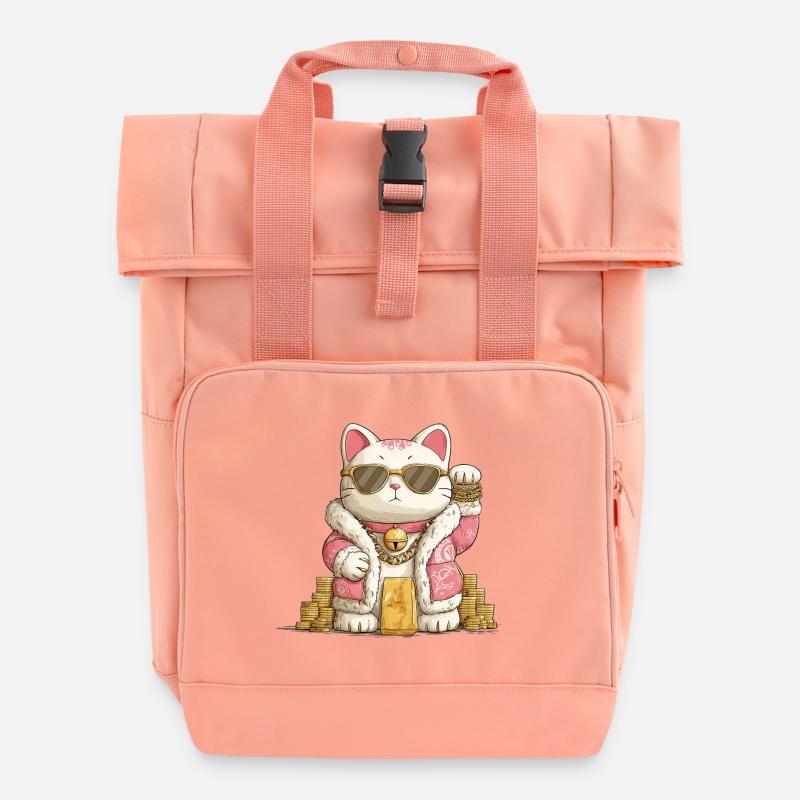 Goldener Maneki Neko - Rolltop Rucksack mit zwei Griffen - Chintzrosa