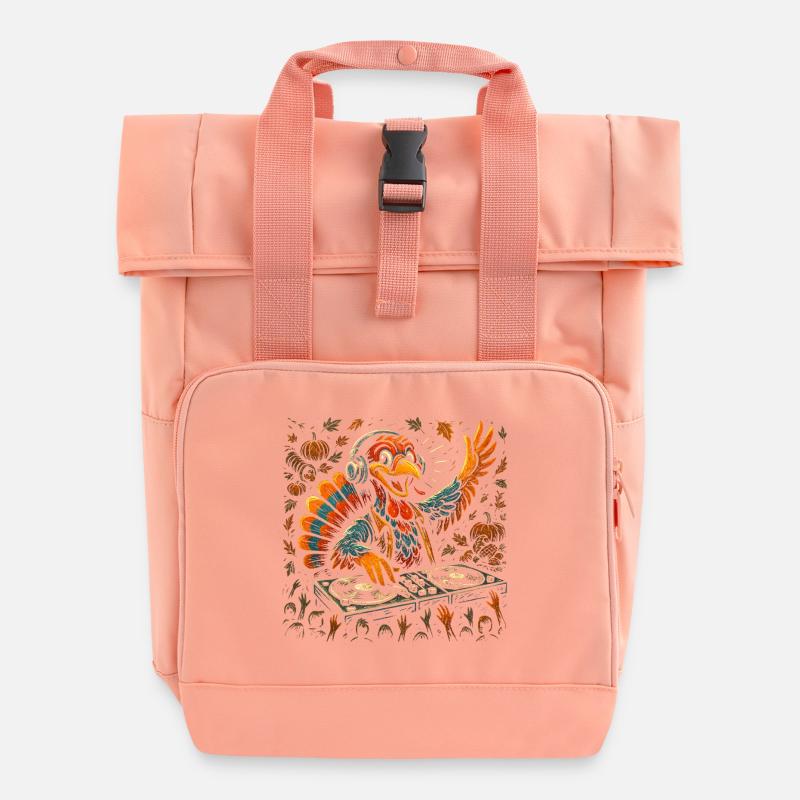 Autumn Turkey DJ Artwork - Roll Top Backpack with Two Handles - chintz rose