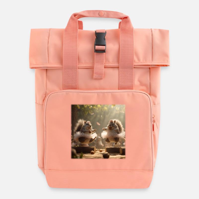 Dancing squirrels in tutu with acorns - Roll Top Backpack with Two Handles - chintz rose