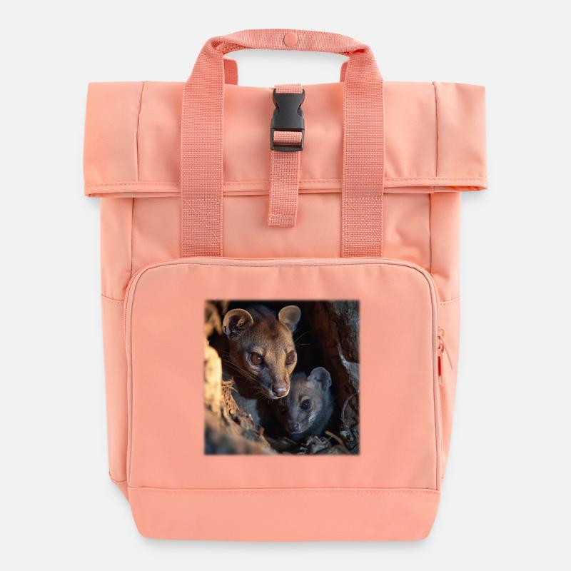 Fossa with cub – protection & connection - Roll Top Backpack with Two Handles - chintz rose